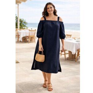 Chico's Classic Navy Linen Off Shoulder Convertible Midi Dress Sz 3
